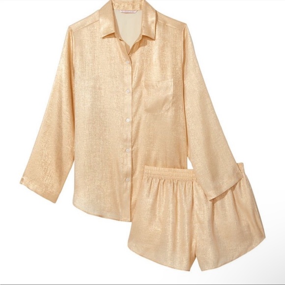 Victoria's Secret Satin Long-Sleeve Short Pajama Set Gold Foil Small NEW - Picture 2 of 4